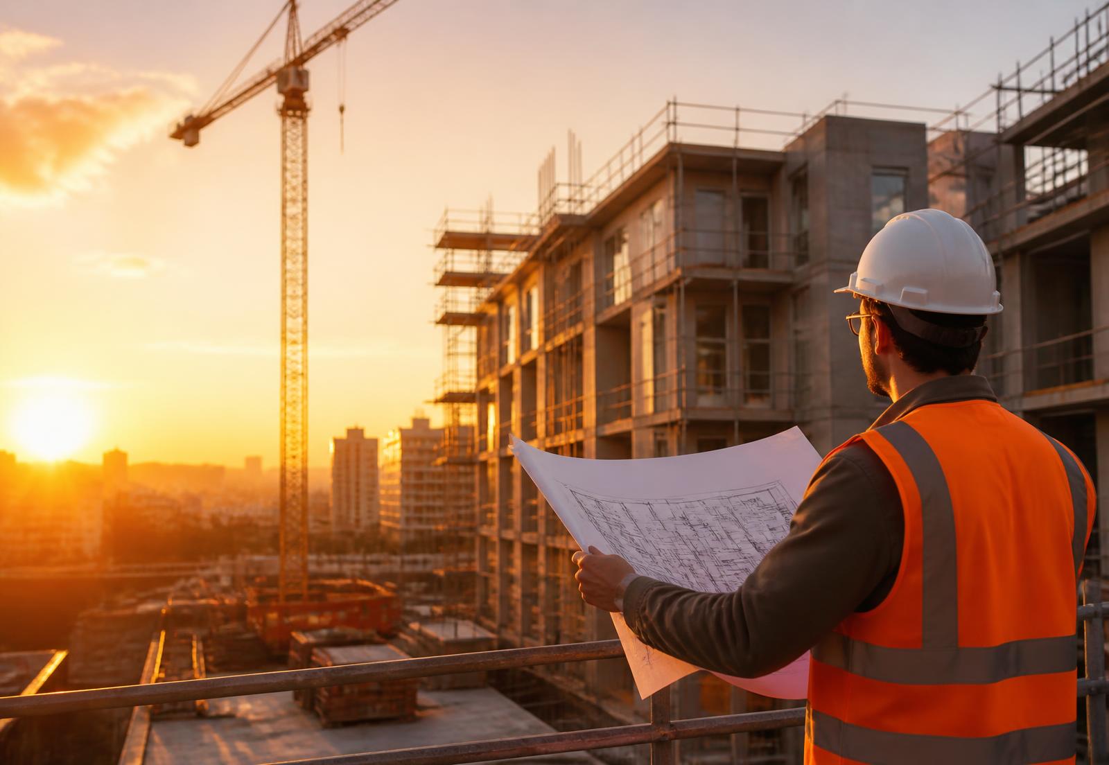 Chantier de construction au coucher du soleil avec grue et conducteur de travaux consultant les plans